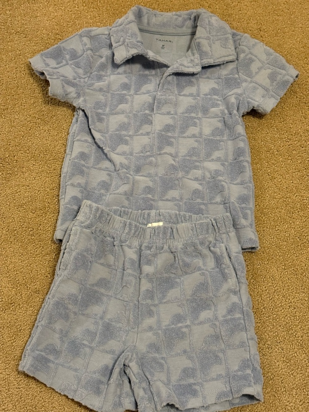 Tahari Light Blue Kids Terry Pajama Set - Short Sleeve Collar & Shorts